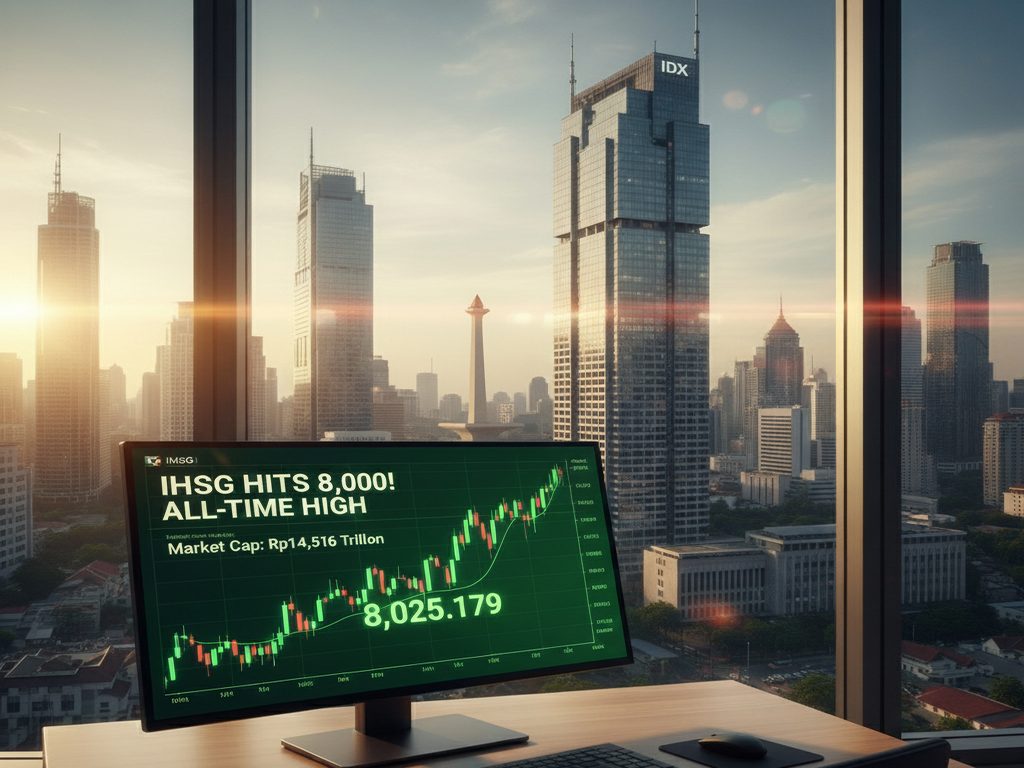Grafik IHSG menunjukkan tren positif yang menembus 8.025, diikuti dengan rekor kapitalisasi pasar sebesar Rp14.516 triliun, didukung oleh sinergi berbagai pihak
