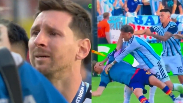 Kolase foto final Piala Dunia 2026: Kiri, Lionel Messi menangis tersedu; Kanan, Leandro Paredes terekam memukul wajah Gavi dalam insiden kekerasan.